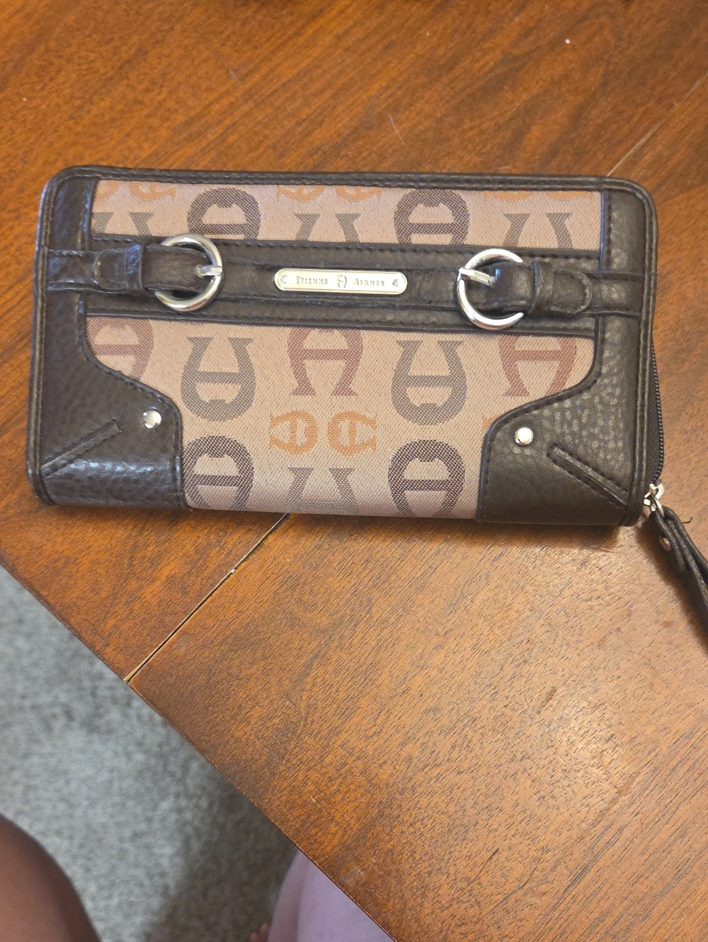 Etienne Aigner Brown Monogram Zip-Around Wallet with Dark Trim
